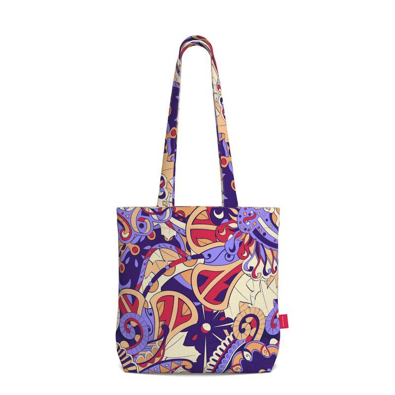 Sechie Everyday Large Cotton Tote - Blue Red Abstract Paisley Print Tangle Psychedelic Floral Swirls Bold Zen Funky Retro Wild Vibrant Shoulder Bag Handmade