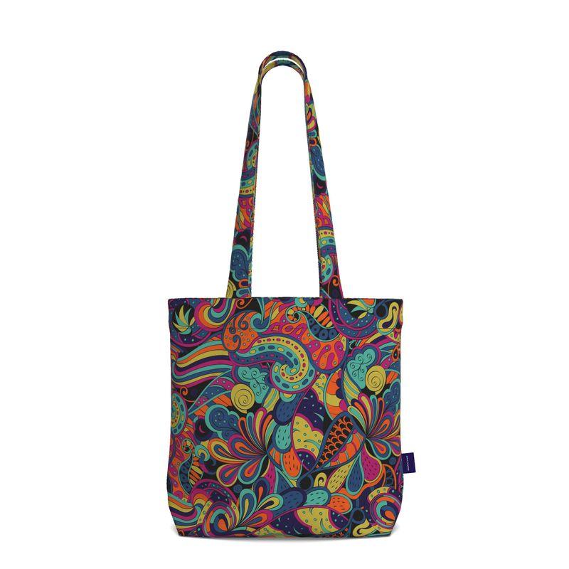 Rinas Everyday Large Cotton Tote - Dark Psychedelic Paisley Print Funky Bold Retro Dark Tangle Abstract Zen Handmade Shoulder Bag