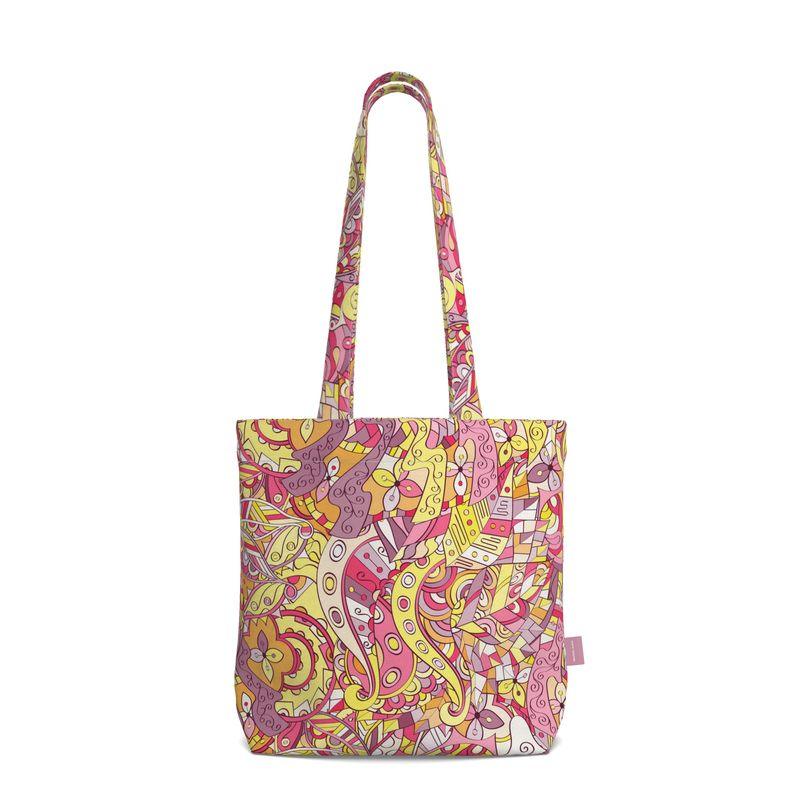 Semia Everyday Large Cotton Tote - Pink & Yellow Psychedelic Paisley Retro Bold Vibrant Tangle Kaleidoscope Zen Swirls Flower Power Hippie Handmade Shoulder Bag