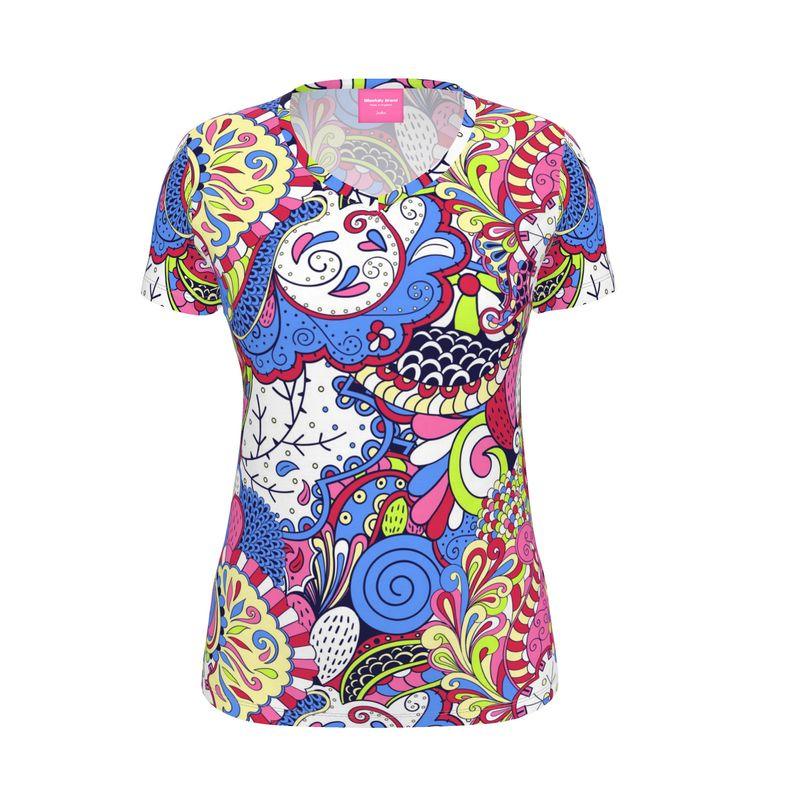 Sechia V-neck Short Sleeve Tee Multicolor Paisley Kaleidoscope Psychedelic Mehndi Cotton Stretch Spandex Women's Colorful Retro Flower Power Vibrant Bold