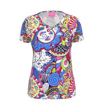 Sechia V-neck Short Sleeve Tee Multicolor Paisley Kaleidoscope Psychedelic Mehndi Cotton Stretch Spandex Women's Colorful Retro Flower Power Vibrant Bold