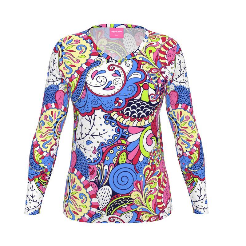 Sechia V-neck Long Sleeve Tee Multicolor Paisley Kaleidoscope Psychedelic Mehndi Cotton Stretch Spandex Women's Colorful Retro Flower Power Vibrant Bold  