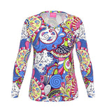 Sechia V-neck Long Sleeve Tee Multicolor Paisley Kaleidoscope Psychedelic Mehndi Cotton Stretch Spandex Women's Colorful Retro Flower Power Vibrant Bold  