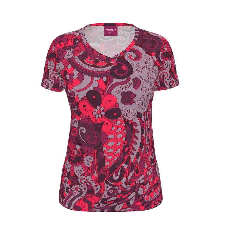 Pena V-neck Women's Short Sleeve Tee - Red & Violet Wild Paisley Print Regular Fit Slim Retro Floral Psychedelic Vibrant Bold Funky Swirls Geometric Abstract Handmade Cotton Spandex