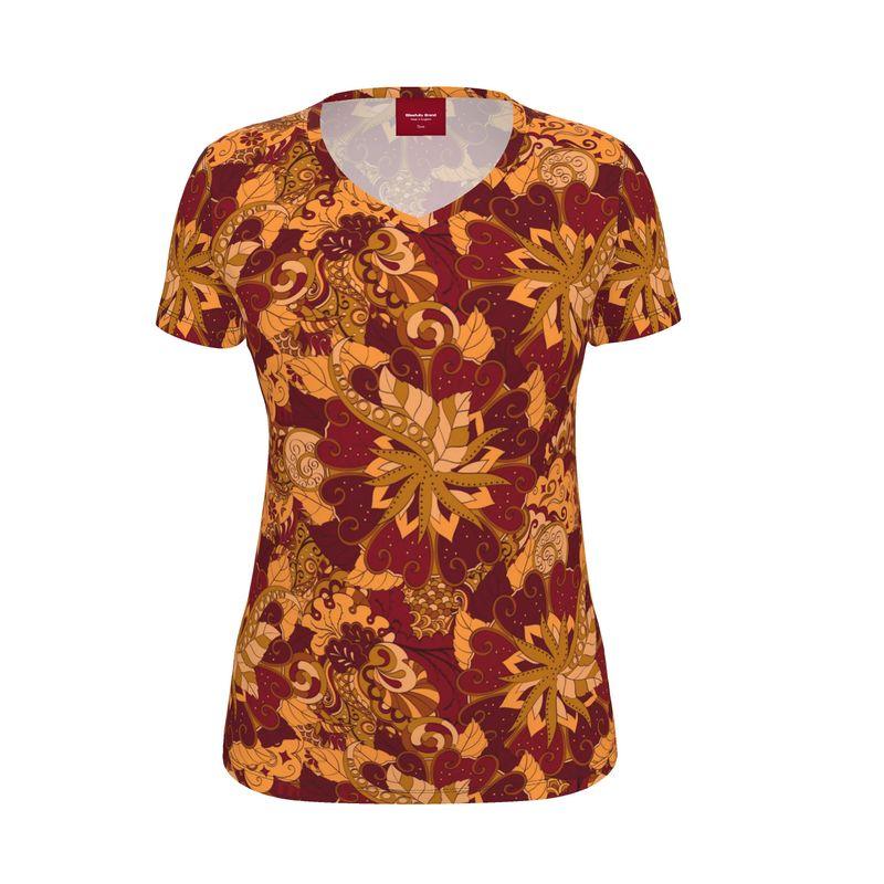 Renai V-neck Short Sleeve Tee - Orange Red Paisley Floral Retro Wild Vibrant Bold Funky Kaleidoscope Swirls Cotton Spandex Handmade England Women's T-shirt Top Plus Size