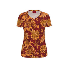 Renai V-neck Short Sleeve Tee - Orange Red Paisley Floral Retro Wild Vibrant Bold Funky Kaleidoscope Swirls Cotton Spandex Handmade England Women's T-shirt Top
