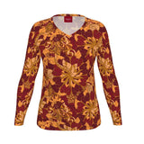 Renai V-neck Long Sleeve Tee - Orange Red Paisley Floral Retro Wild Vibrant Bold Funky Kaleidoscope Swirls Cotton Spandex Handmade England Women's Plus Size