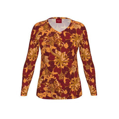 Renai V-neck Long Sleeve Tee - Orange Red Paisley Floral Retro Wild Vibrant Bold Funky Kaleidoscope Swirls Cotton Spandex Handmade England Women's