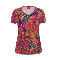 Lina V-neck Tee - Psychedelic Kaleidoscope Abstract Print Retro Bold Funky Swirls Geometric Orange Green Blue Boho Scales Multicolor Top Coordinate Handmade Plus Size
