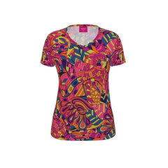 Lina V-neck Tee - Psychedelic Kaleidoscope Abstract Print Retro Bold Funky Swirls Geometric Orange Green Blue Boho Scales Multicolor Top Coordinate Handmade Plus Size