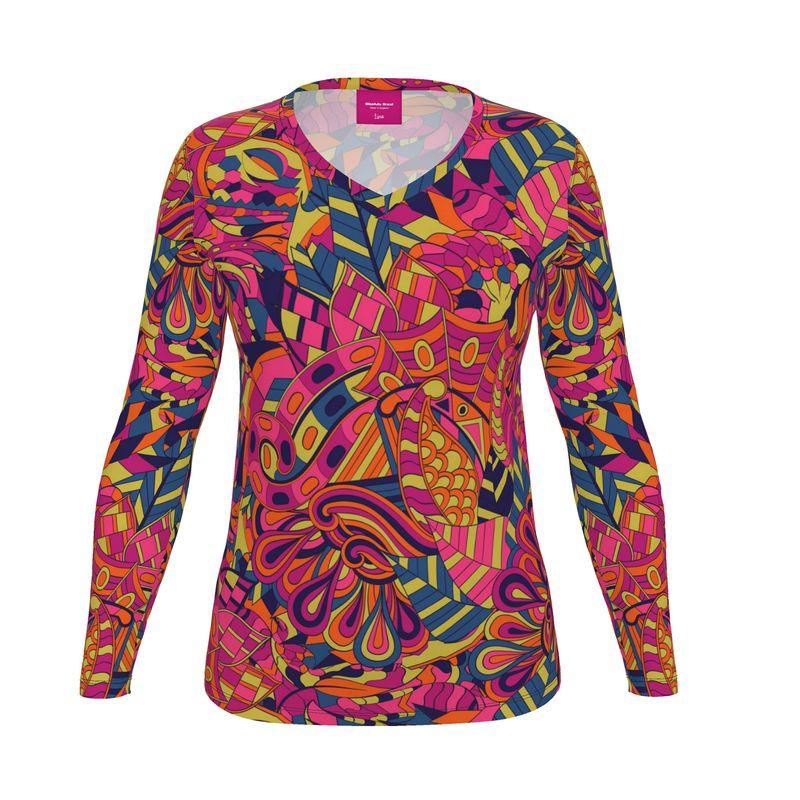 Lina V-neck Long Sleeve Tee - Psychedelic Kaleidoscope Abstract Print Retro Bold Funky Swirls Geometric Orange Green Blue Boho Scales Multicolor Top Coordinate Handmade Plus Size