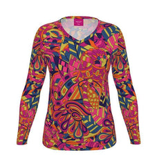 Lina V-neck Long Sleeve Tee - Psychedelic Kaleidoscope Abstract Print Retro Bold Funky Swirls Geometric Orange Green Blue Boho Scales Multicolor Top Coordinate Handmade Plus Size