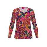 Lina V-neck Long Sleeve Tee - Psychedelic Kaleidoscope Abstract Print Retro Bold Funky Swirls Geometric Orange Green Blue Boho Scales Multicolor Top Coordinate Handmade Plus Size