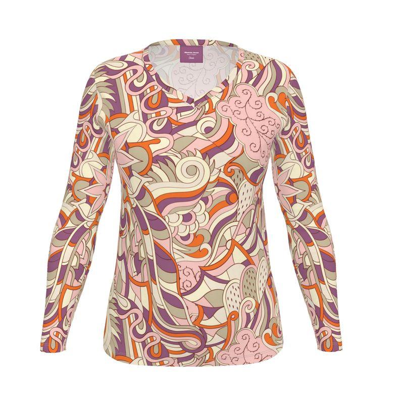 Amai V-neck Long Sleeve Jersey Tee - Abstract Kaleidoscope Print Cotton Spandex Retro Psychedelic Swirls Pink Orange Violet Paisley Boho Plus Size Vibrant Bold All Over Women's