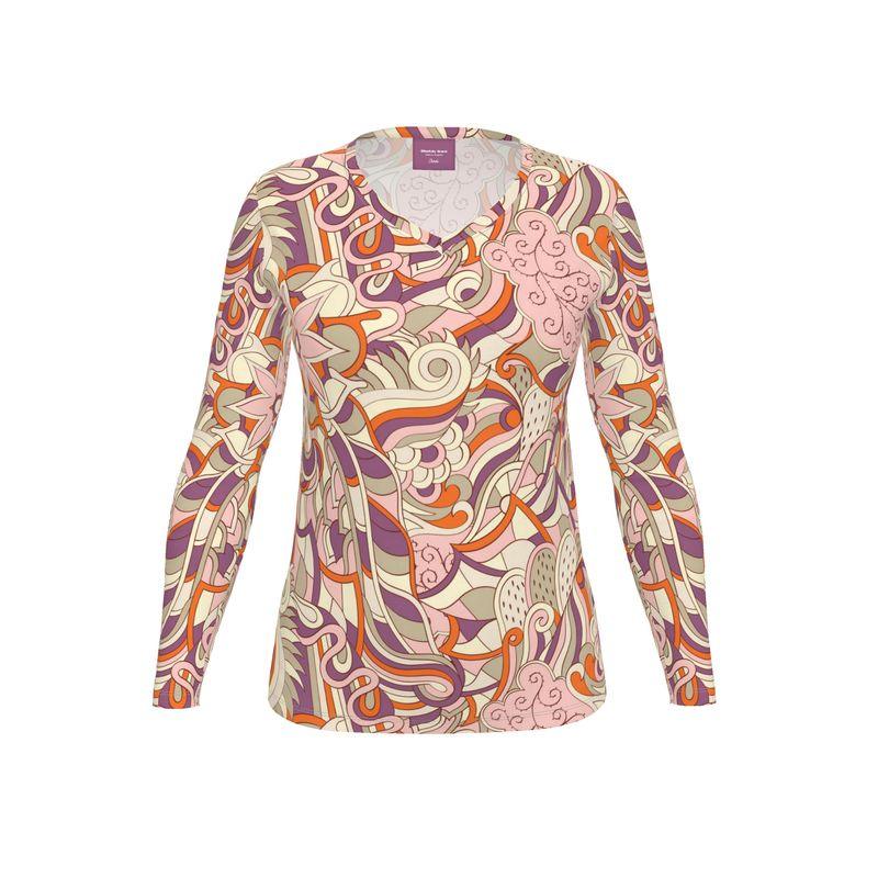 Amai V-neck Long Sleeve Jersey Tee - Abstract Kaleidoscope Print Cotton Spandex Retro Psychedelic Swirls Pink Orange Violet Paisley Boho Plus Size Vibrant Bold All Over Women's