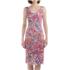 Baiu Bodycon Split Leg Midi Dress - Abstract Kaleidoscope Geometric Retro Print - Slit Long Scoop Neck Sleeveless - Vibrant Bold Orange Pink Violet