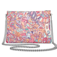 Baiu Crossbody Shoulder Leather Chain Square Bag - Abstract Handmade Textured Smooth Zip Pink Orange Violet Retro Bold Vibrant Purse