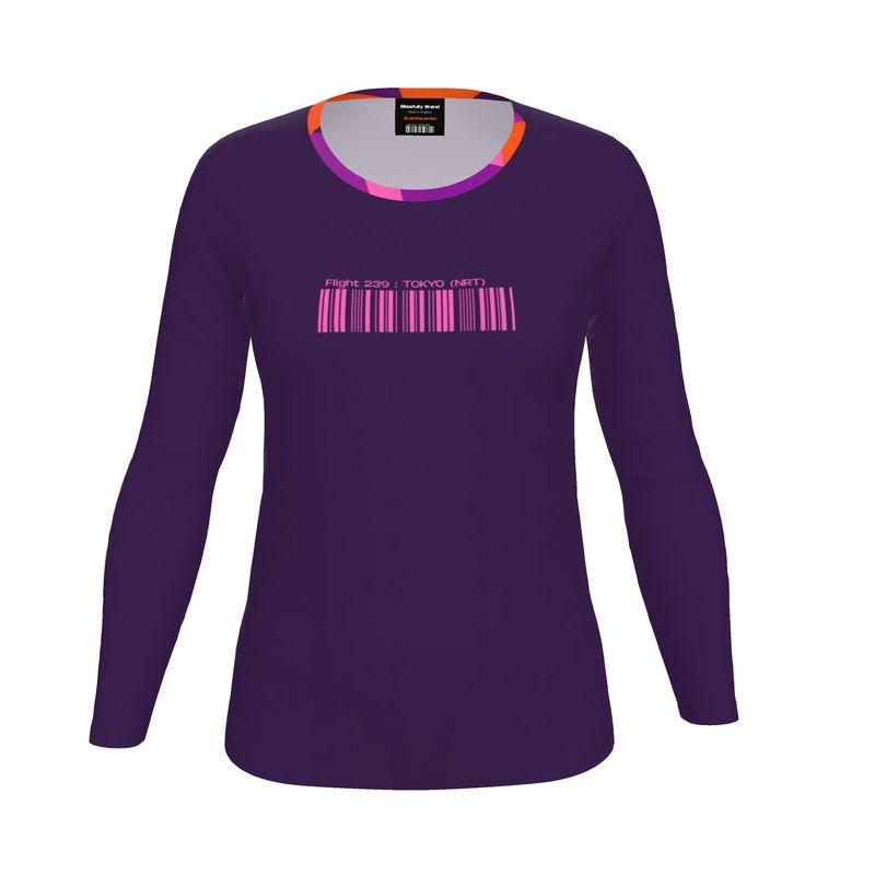 Flight 239 - Dark Violet Barcode Long Sleeve Women's Tee  - Airline Series Tokyo Jersey Cotton Handmade in England T-shirt NRT Narita