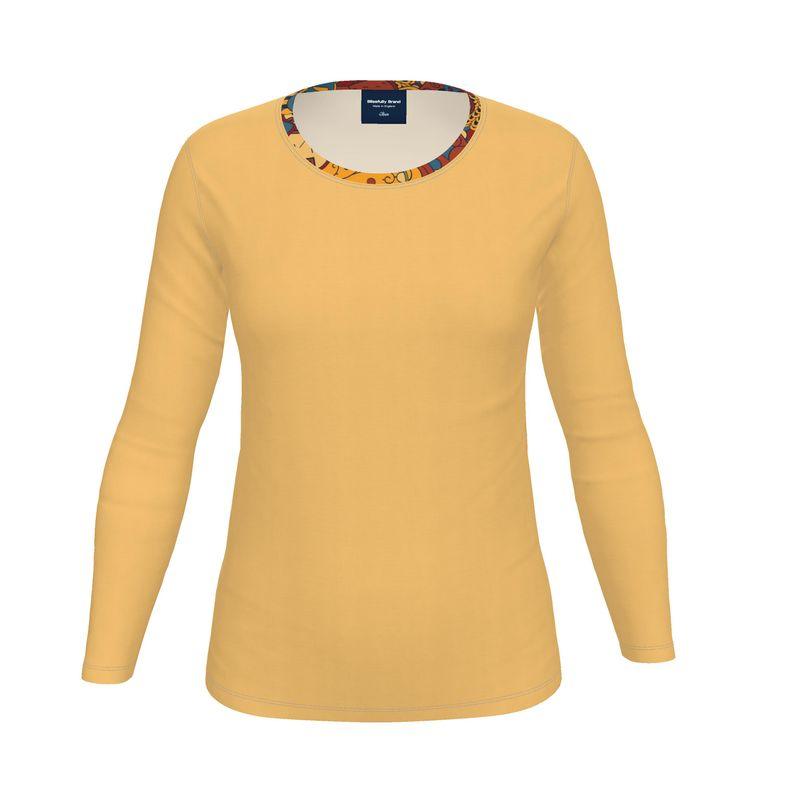 Ebisa Yellow Orange Crew Neck Long Sleeve Tee - Cotton & Poly Spandex - Slim Fit - Regular Fit Women's Coordinate Handmade Plus Size