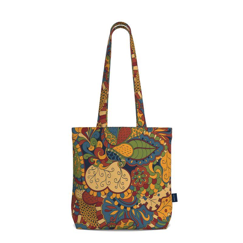 Ebisa Everyday Large Cotton Tote Bag - Wild Paisley Floral Retro Yellow Brown Red Green Funky Handmade Market Carry All Psychedelic Swirls Scales