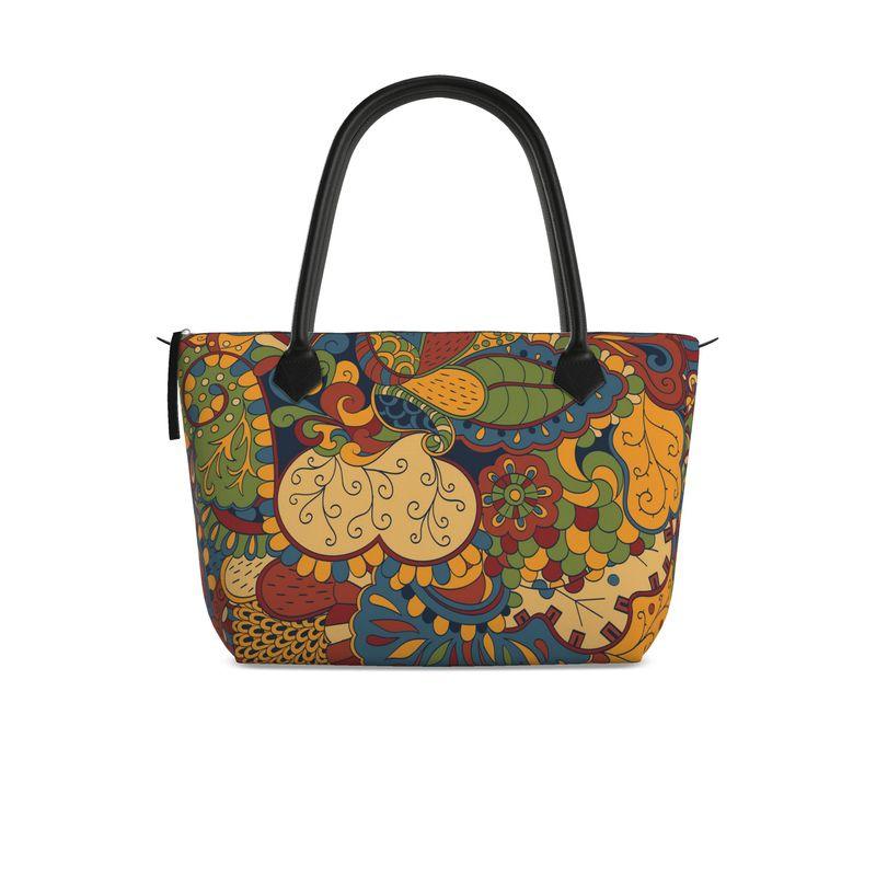 Ebisa Large Satin Zipper Tote - Paisley Kaleidoscope Floral Textured Smooth Psychedelic Print Multi-color dark Retro Carry All Handmade in England