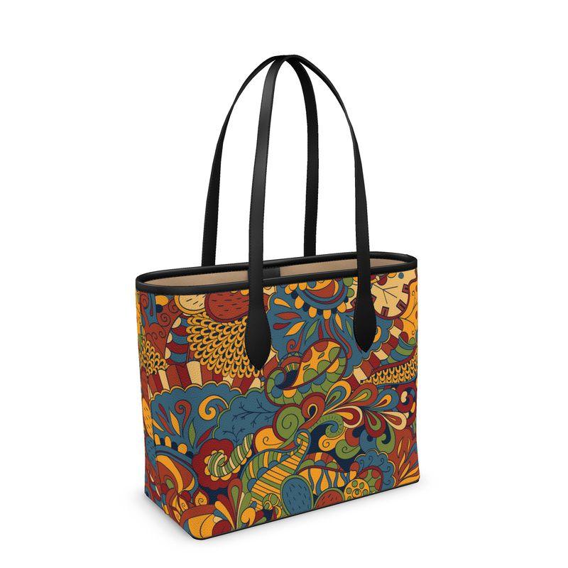 Ebisa Leather Shopper Tote Bag - Psychedelic Dark Paisley Floral Retro Zentangle Inspired Swirls Kaleidoscope