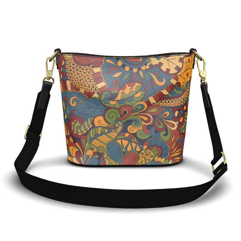 Ebisa Larger Leather Bucket Tote - Psychedelic Paisley Floral  Handmade in England Textured Multicolor