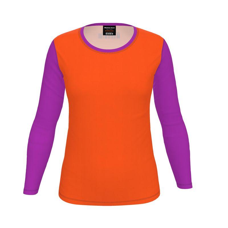 Orange Violet Color Block Long Sleeve Women's Tee - Cotton Jersey Spandex Stretch Crewneck - Barcode Tokyo Flight 239 - Airline Series Plus Sizes