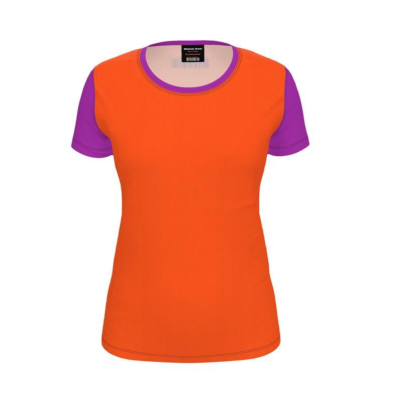 Orange Violet Color Block Short Sleeve Women's Tee - Cotton Jersey Spandex Stretch Crewneck - Barcode Tokyo Flight 239 - Airline Series T-shirt Plus Sizes
