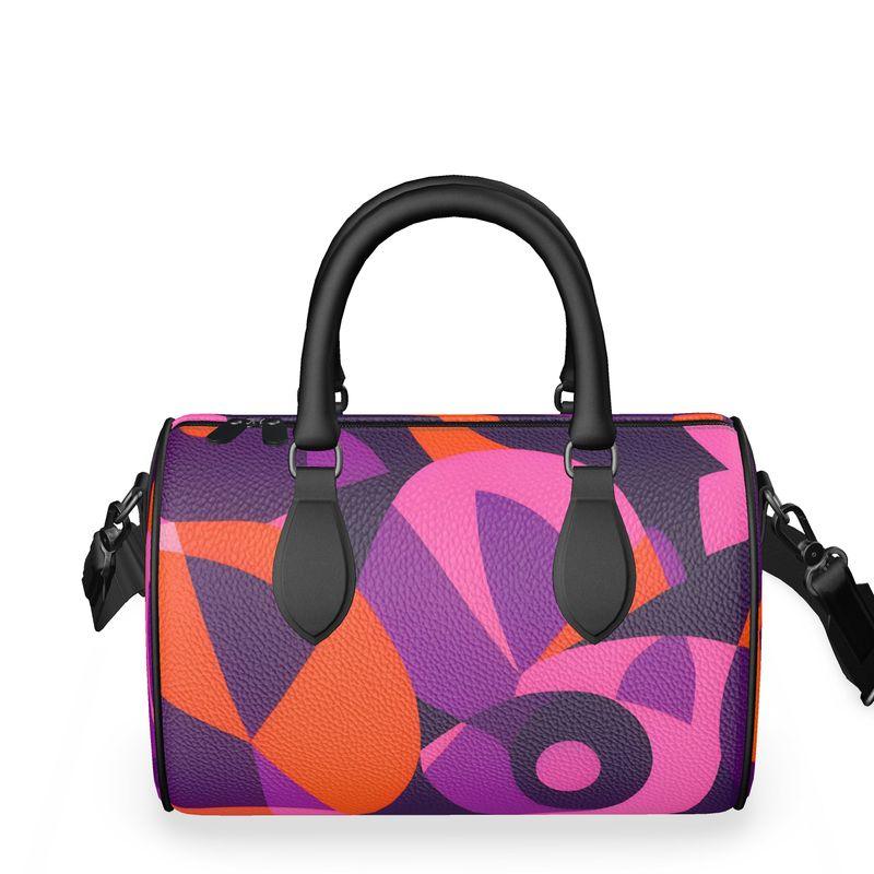Flight 239 Leather Barrel Duffle Bag - Modern Geometric Print Violet Pink Orange Circle Doctor Purse Shoulder Handbag Travel Funky Retro Bold Vibrant Abstract Handmade in England Psychedelic 70's pop art