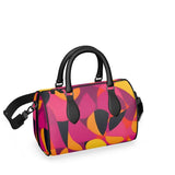 Flight 929 Leather Barrel Duffle Bag - Modern Geometric Print Cylinder Circle Purse Abstract Print Violet Orange Yellow Funky Vibrant Bold Travel Shoulder Handbag Doctor Textured Leather Handmade in England Psychedelic 70's pop art