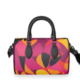 Flight 929 Leather Barrel Duffle Bag - Modern Geometric Print Cylinder Circle Purse Abstract Print Violet Orange Yellow Funky Vibrant Bold Travel Shoulder Handbag Doctor Textured Leather Handmade in England Psychedelic 70's pop art    