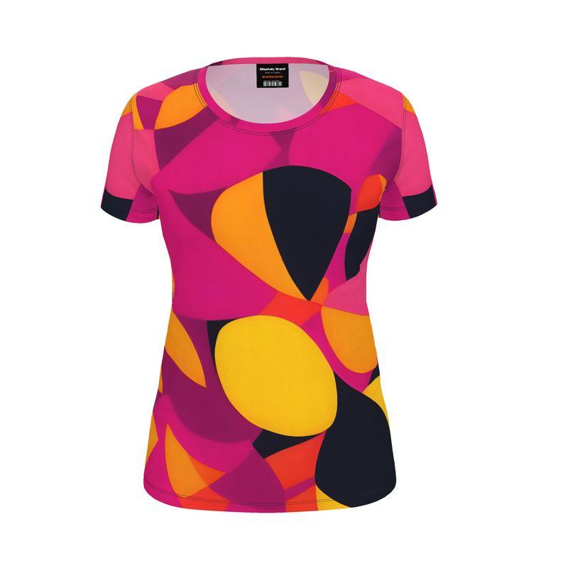 Airline Series Women's Tee - Geometric Abstract Print - Multicolor Pink Yellow Orange - Bold Funky Retro Vibrant Artistic Short Sleeve Crewneck - Plus Sizes Psychedelic 70's pop art Tshirt