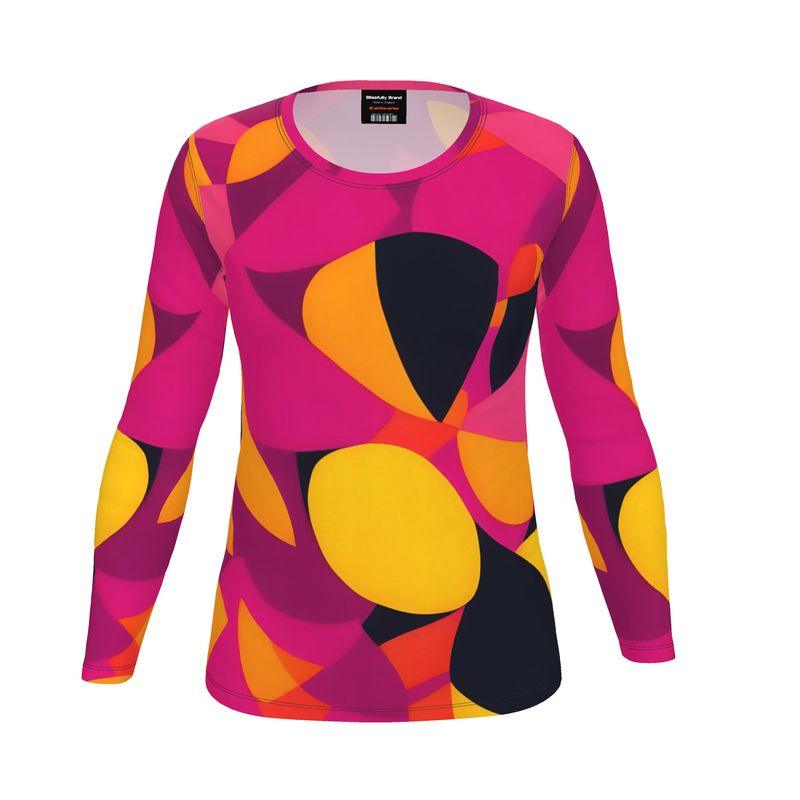 Airline Series Long Sleeve Tee - Geometric Abstract Print Multicolor Yellow Pink Orange Women's Crewneck Slim Fit Plus Size Vibrant Bold Retro - Tshirt All Over Print Psychedelic 70's pop art