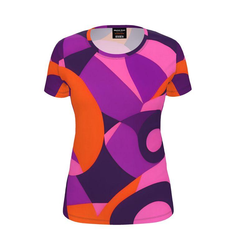 Flight 239 Women's Tee - Geometric Abstract Print - Orange Violet Bold Vibrant Artistic - Cotton Spandex - Short Sleeve Crewneck Funky Airline Series Handmade in England Plus Sizes Psychedelic 70's pop art