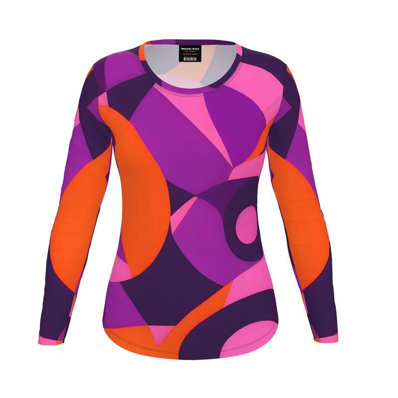 Airline Series Long Sleeve Women's Tee - Geometric Abstract Print Flight 239 - Orange Violet Artistic Funky Bold Solids - Crewneck Slim Fit Plus Sizes - Handmade in England Stretchy Psychedelic 70's pop art