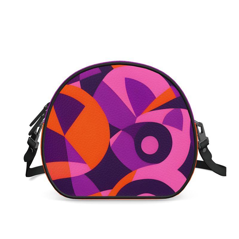 Airline Series - Circle Crossbody Real Textured Leather Bag - Geometric Print Violet Orange Pink Mod Retro Vibrant Bold Mixed Media Flight 239 Tokyo by Blissfully Brand Handmade in England Psychedelic 70's pop art