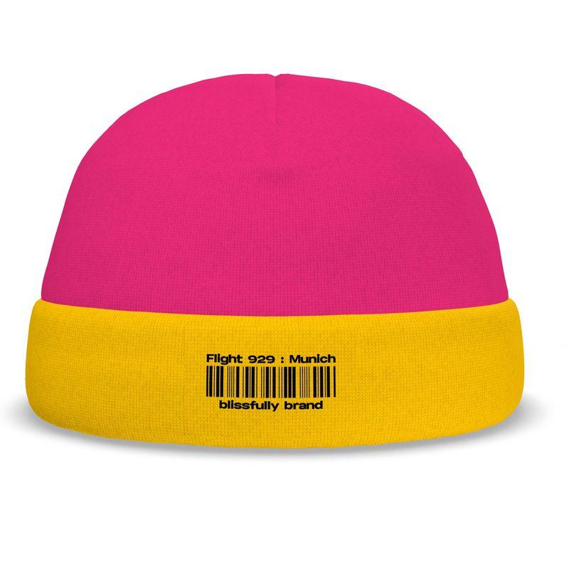 Airline Series Pink & Yellow 929 Beanie - Color Block Munich Logo Sustainable Recycled Poly Jersey Handmade in England Blissfully Brand Unisex