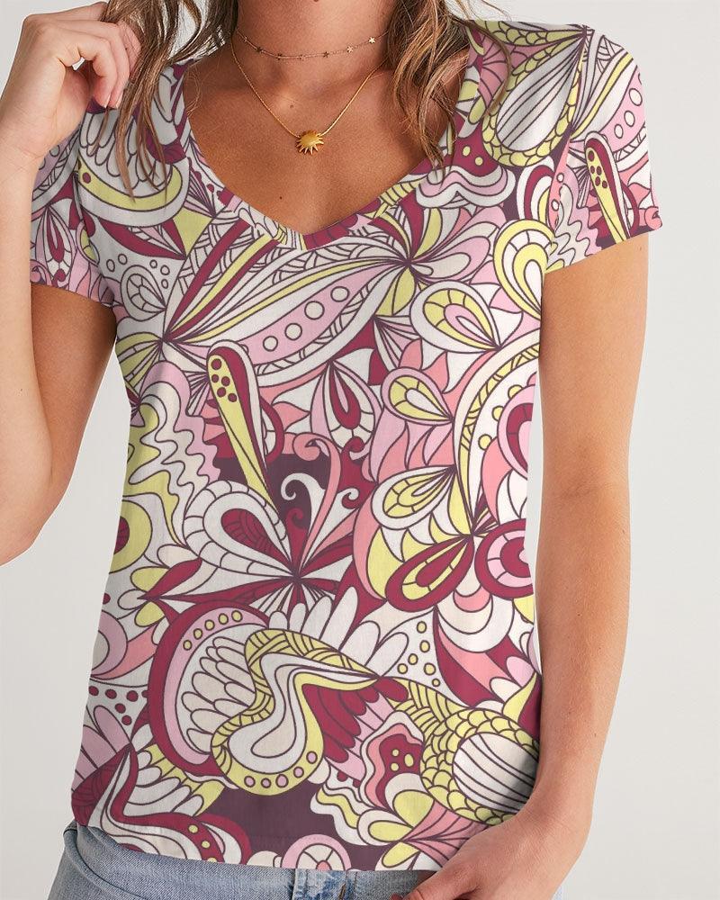 Piki Fitted V-Neck Women's Tee Top - Abstract Psychedelic Floral Print Pink Red