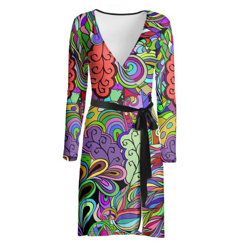 Erenas Wrap Mini Dress - Multicolor Abstract Psychedelic Floral | Blissfully Brand
