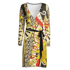 Merina Wrap Mini Dress - London Bliss Collection - Greek Key & Mehndi Style Print - - (Available in Sizes XXS,XS,S,M,L,XL,2XL) - Made in England
