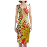 Merina Bodycon Split Leg Midi Dress - Gold & Black Abstract Baroque Floral -  London Bliss Collection - Print - Sizes XS, S, M, L, XL, 2XL, 3XL, 4XL - Plus Sizes - Made in England- Side Slit - Body Contour