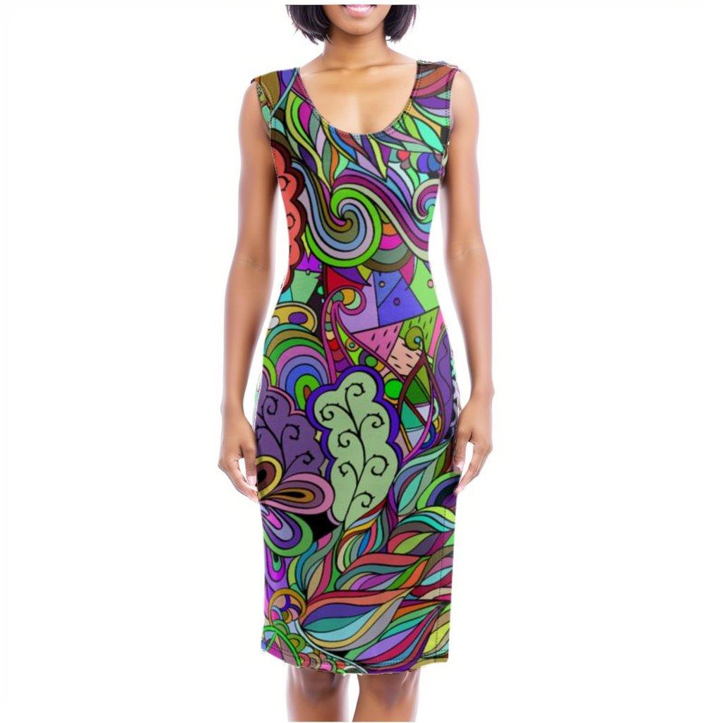 Eranas Split Leg Fitted Bodycon Midi Dress - Abstract Multicolor Paisley  All Over Large Print - Psychedelic - Retro - Swirls - Handmade in England - Blissfully Brand - Bold & Vibrant- Side Slit - Body Contour - Plus Size