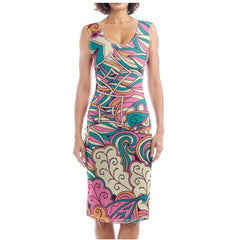 Arane Split Leg Bodycon Midi Dress - London Bliss Collection - Large Print - Sizes XS, S, M, L, XL, 2XL, 3XL, 4XL - Plus Sizes - Made in England - Bold & Vibrant - Retro - Paisley Print - Side Slit - Body Contour