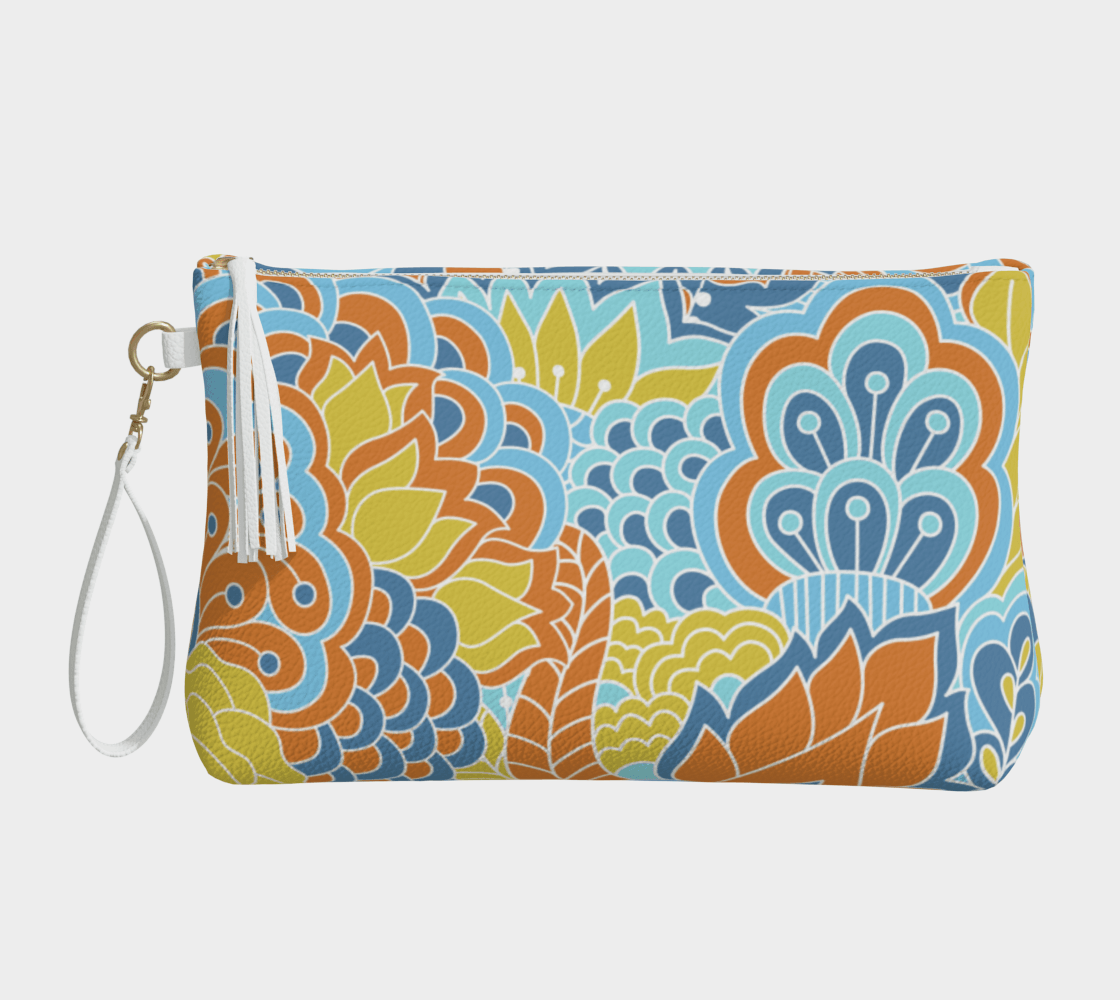 Pinsa Vegan Leather Wristlet Clutch Pouch - Paisley Floral Print Retro Flower Power Textured Pebbled Small Carry Blue Yellow Orange Multicolor