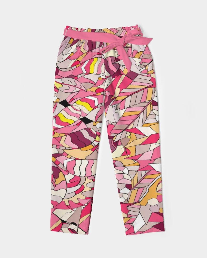 Perl Women's Belted Tapered Pants - Pink Kaleidoscope Abstract Print in Chiffon