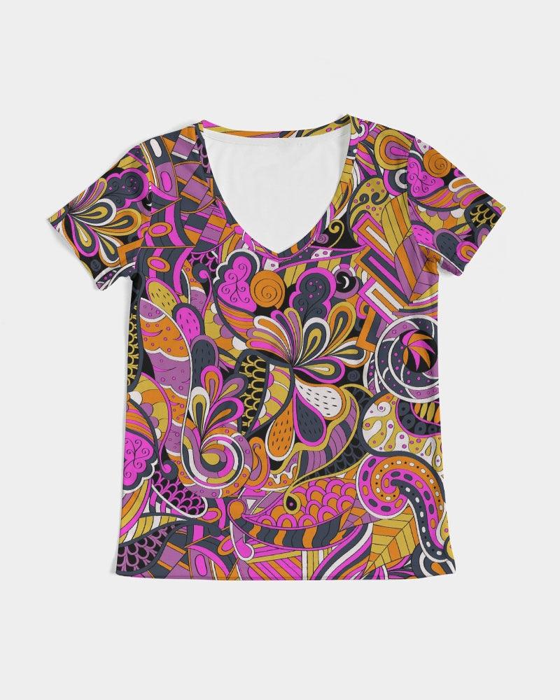 Ela Fitted V-Neck Women's Tee Top - Psychedelic Abstract Floral