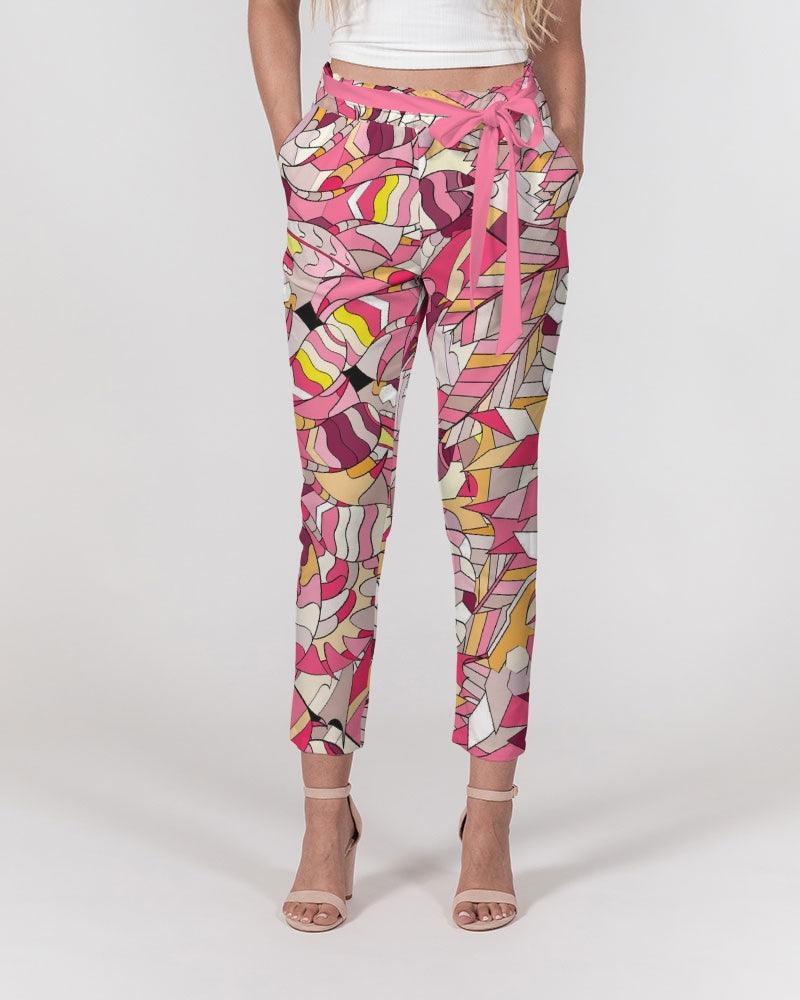 Perl Women's Belted Tapered Pants - Pink Kaleidoscope Abstract Print in Chiffon