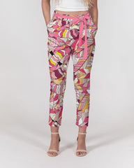 Perl Women's Belted Tapered Pants - Pink Kaleidoscope Abstract Print in Chiffon