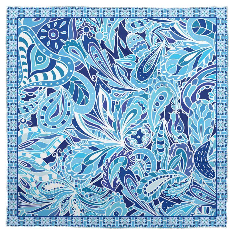 Aqui Satin Real Silk Scarf - Abstract Kaleidoscope Paisley Floral Print - Blue - Boho - Bohemian - Psychedelic Retro - Handmade